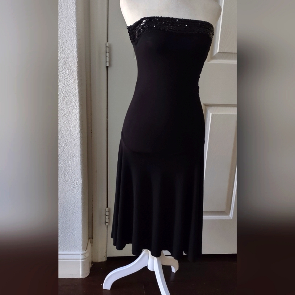 Black Strapless Jersey Dress with Sequins along the Top